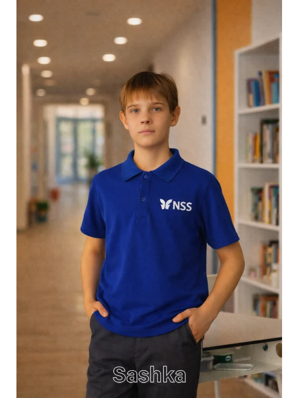 Поло для хлопчика синє з логотипом школи NSS, розмір 116-188